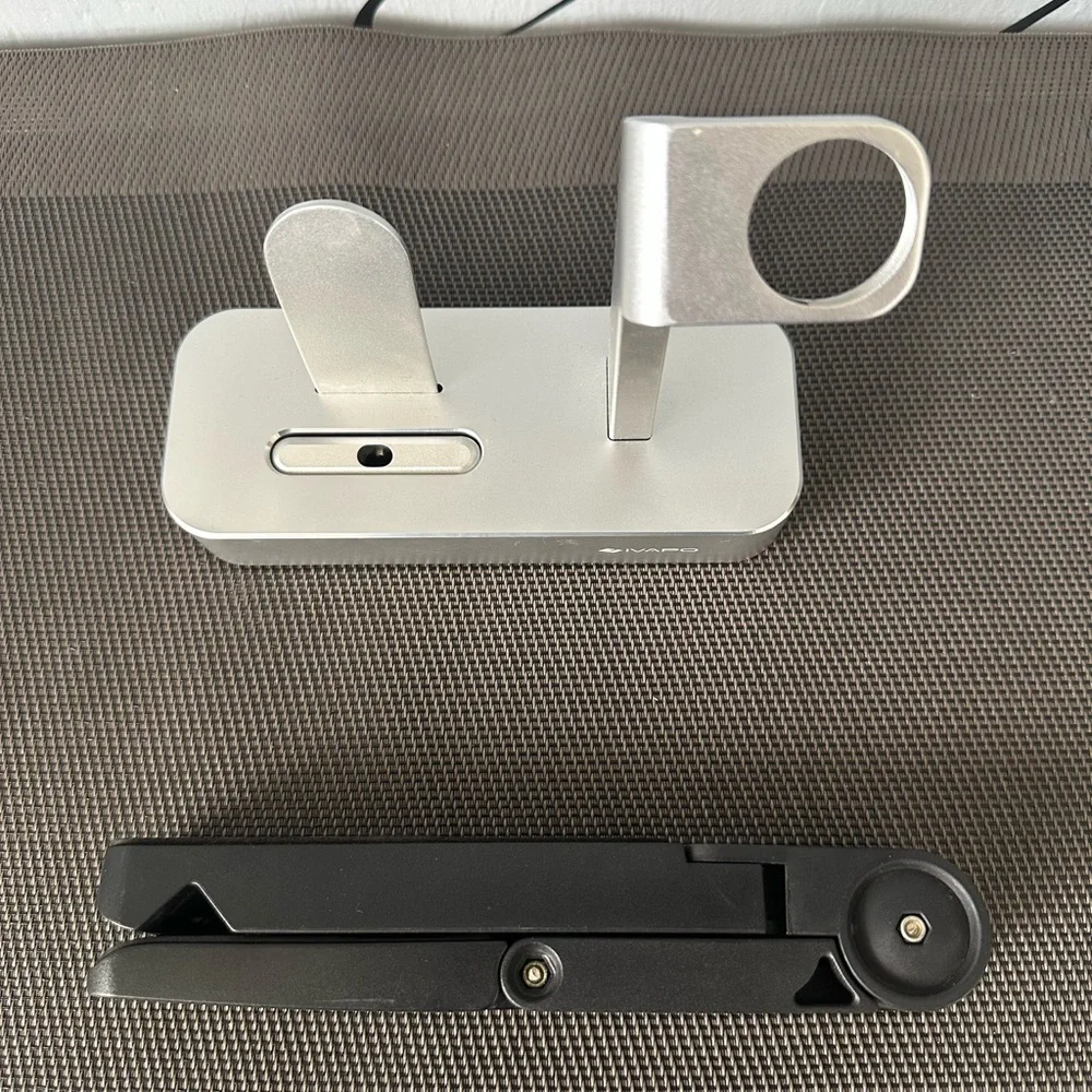 Silver Phone and Smart Watch Charger, Black Tablet Stand